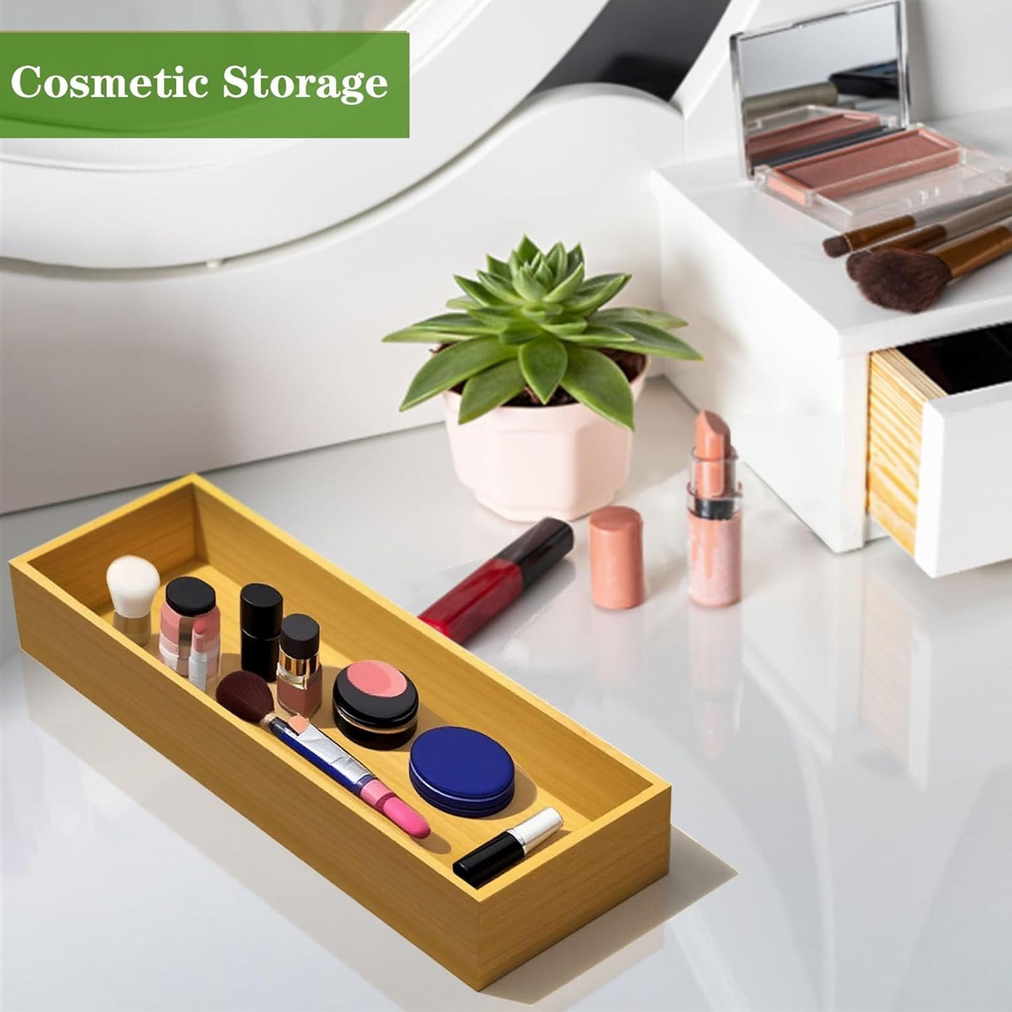 Bamboo Drawer Silverware Organizer, Silverware Tray, Flatware Organizer, Bamboo Storage Box Suitable for Office, Bathroom and other objects storage (9.85"x3.55"x1.78"- Set of 2)