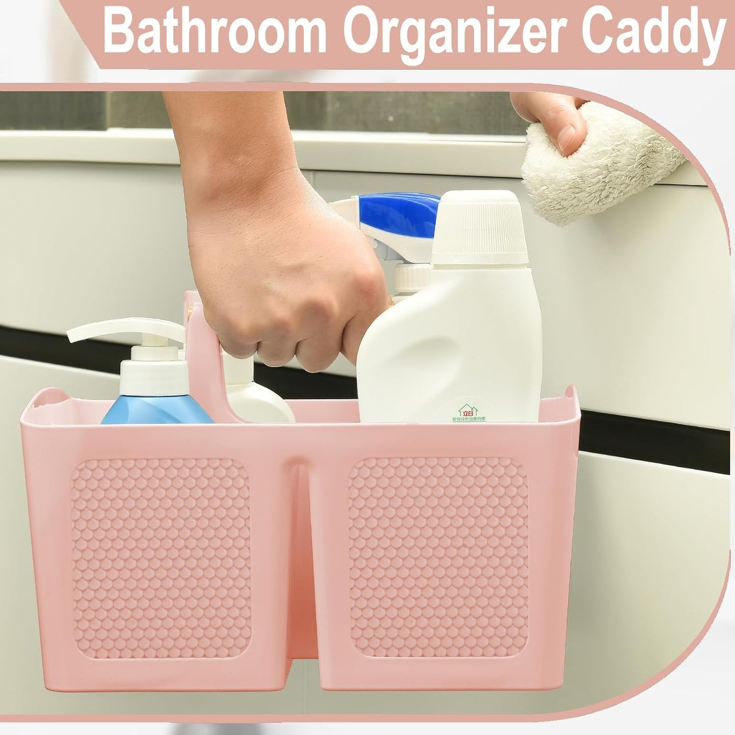 Haundry Plastic Pink Shower Caddy Basket with 3 Compartments, Portable Divided Bathroom Cleaning Caddy Organizer Storage Tote with Handle for Dorm, College, Room Essentials