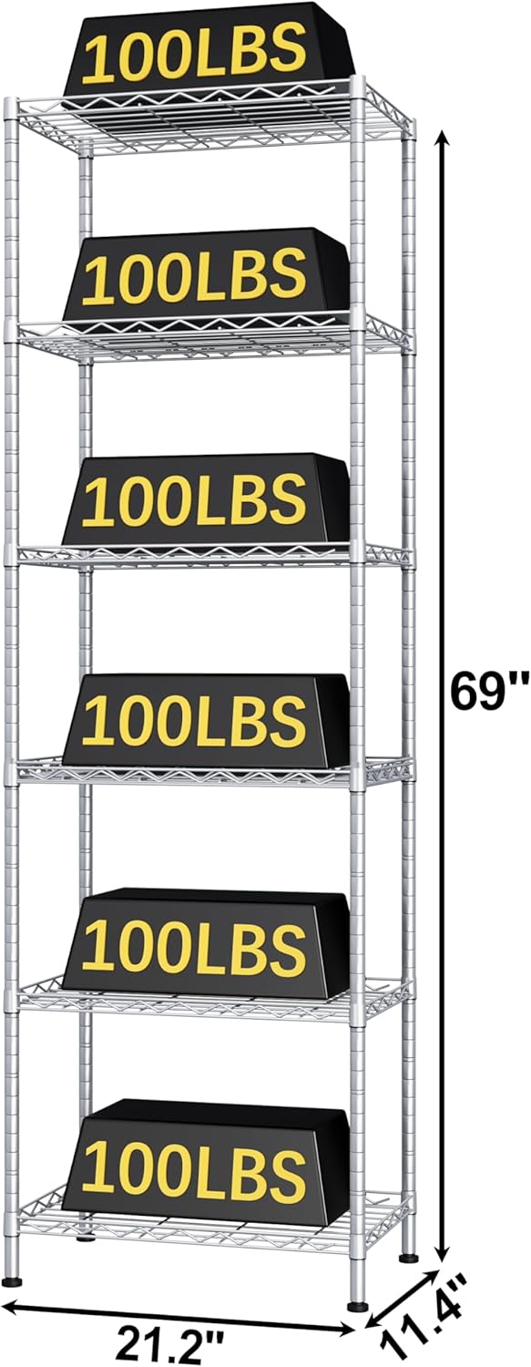 HOMEFORT 6-Shelving Unit, Adjustable Wire Shelving, Metal Wire Shelf Rack Organizer for Kitchen, Pantry, Closet, Bathroom, Laundry, Sliver,21" W x 11" D x 69" H
