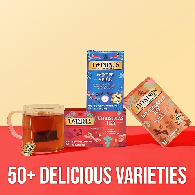 Twinings Christmas Black Tea Individually Wrapped Bags, 20 Count (Pack of 2), Aromatic Cinnamon & Clove, Caffeinated, Enjoy Hot or Iced, 20 Teabags