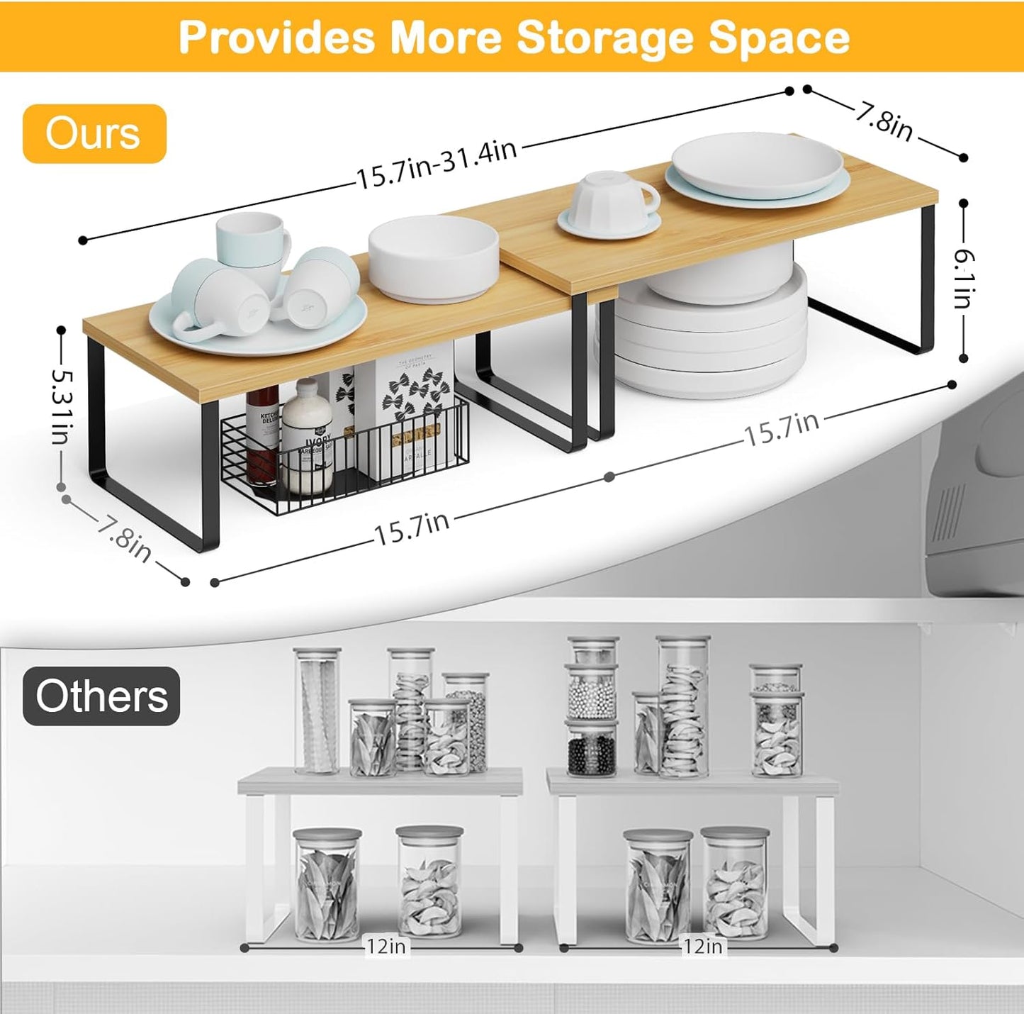 Cabinet Shelf Organizers, 15.7 inches Large Kitchen Counter Shelf, Set of 4 Wood Kitchen Pantry Organizer, Storage Shelves for Countertop, Spice Rack, Stackable, Expandable, Metal Black, Nature