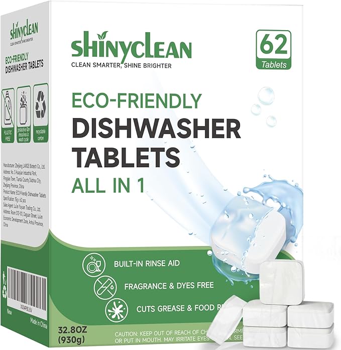 Dishwasher Detergent Tablets with Built-in Rinse Aid | All-in-1 Plant-Based Pods | Fragrance & Dye Free | Natural & Phosphate-Free | Biodegradable & No Unwrapping Needed | 62 Count