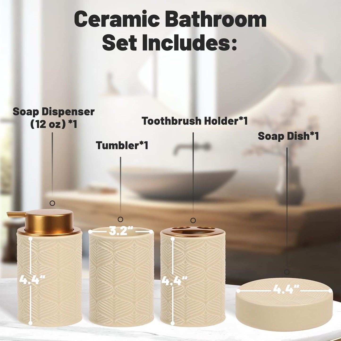 Ceramic Bathroom Accessories Set, 4 Pcs-Includes Lotion Soap Dispenser, Toothbrush Holder, Vanity Tray, and Tumbler, Modern Bathroom Decor Organizer with Soap Dish, Apothecary Jar, Beige Color