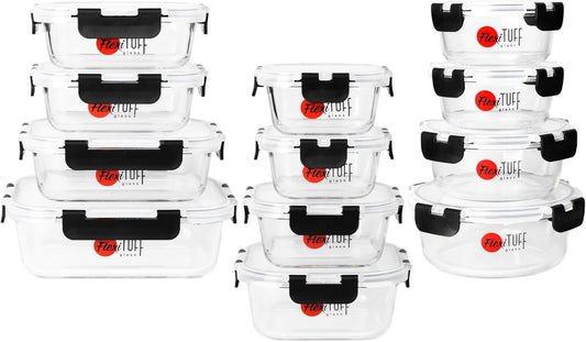 24pcs Set Food Storage Containers (12 Airtight & 12 Lids) | Glass Meal Prep Containers | Lunch Box | BPA Free, Leakproof Lids, Dishwasher, Microwave & Freezer Safe for Kitchen
