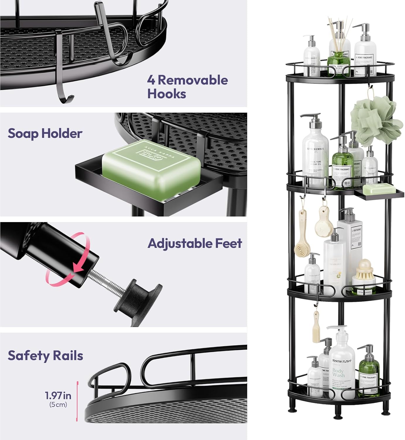 SWTYMIKI Corner Shower Caddy Standing - 4 Tier Stainless Steel Shower Organizer Stand with 4 Hooks & Soap Holder, Rustproof Metal Standing Tall Floor Shower Shelf and Bathroom Organizer, Black