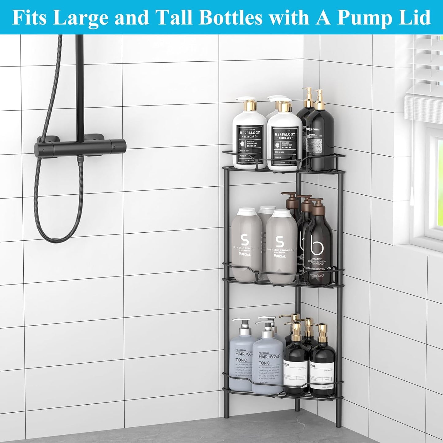 3 Tier Floor Standing Corner Shower Caddy Organizer Shelf with Hooks, Bathroom Shelves Stand Rack, Matt Black