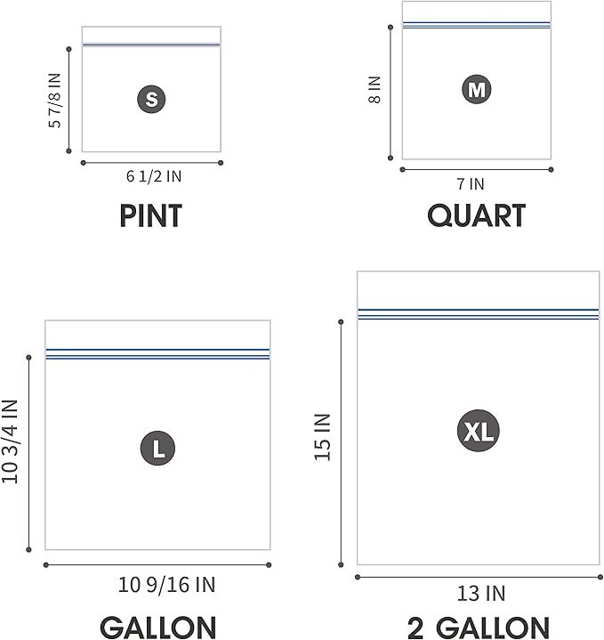24/7 Bags- Variety Zip Storage Bags, 275 Count, 4 Sizes Including 2 Gallons, Easy Grip Open Tabs, Write-On Space, BPA-Free & Heavy Duty, Microwave Safe, Non-StandUp