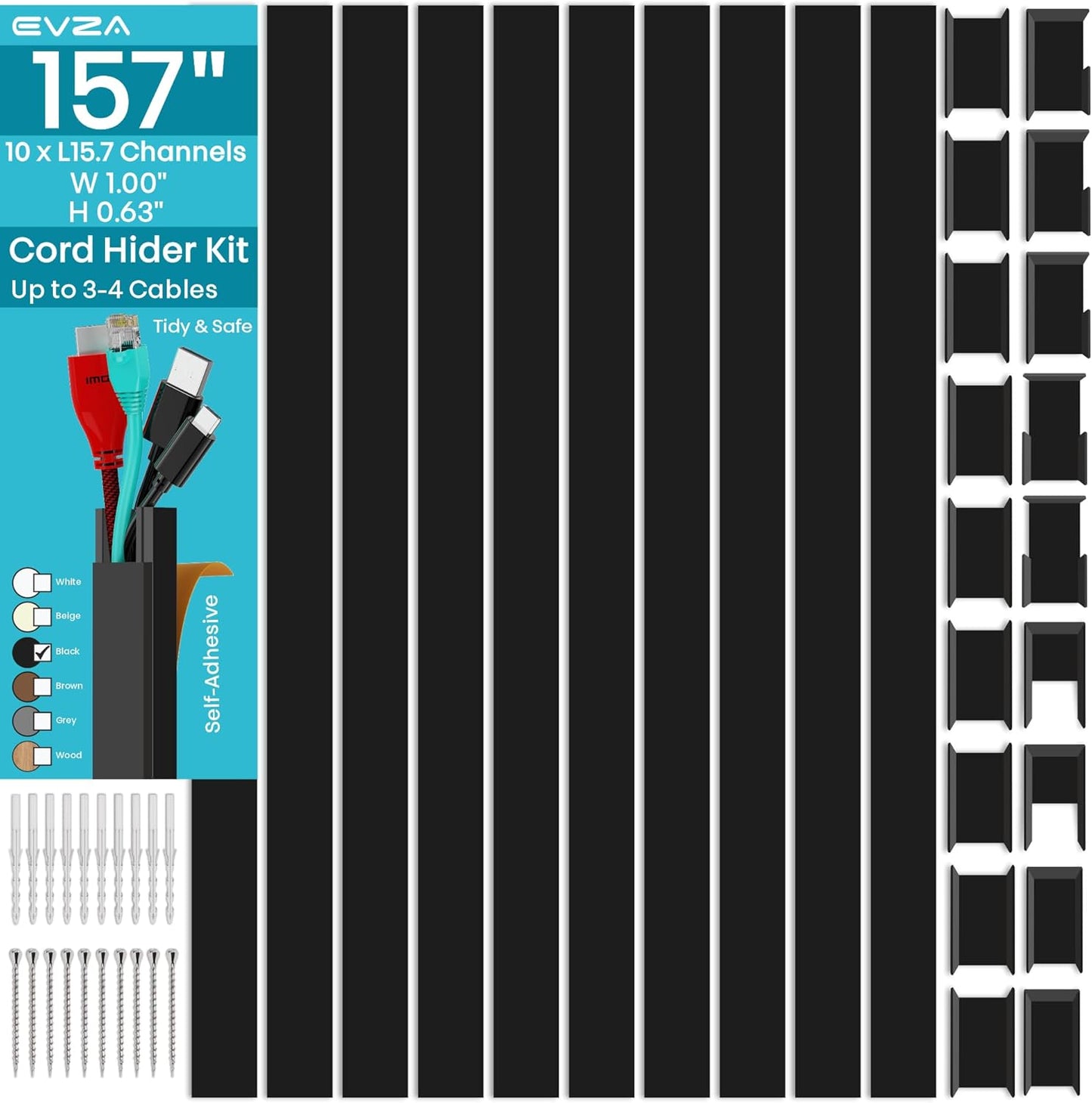 Black Cord Cover Wire Hider - 157in Large Cable Concealer, Cord Hider for Wall Mount TV, Cable Raceway Kit, Extension Cord Cover Indoor, Electrical Wire Cover, Cable Management Wall, Wire Molding