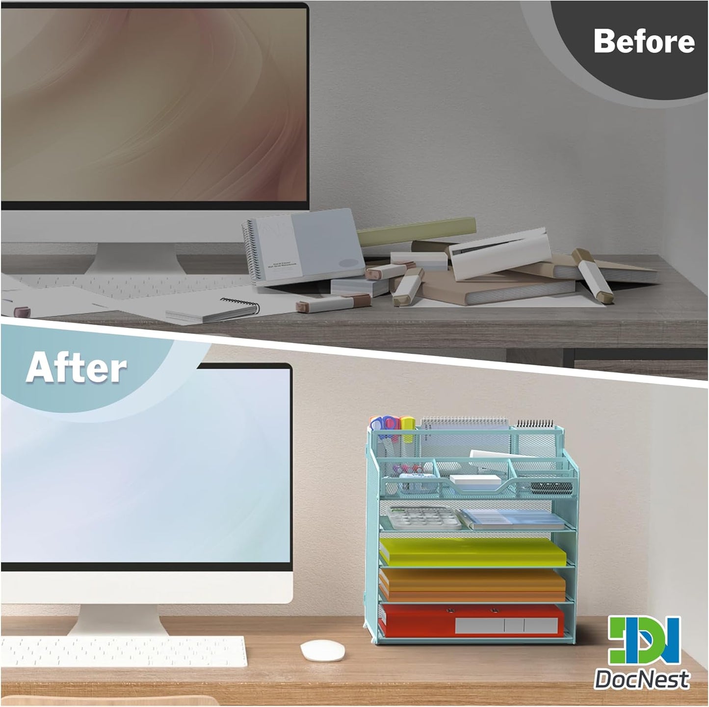 Docnest 5 Tier Mesh Desk Organizer for Paper Office Supplies – Multi-Functional Letter Tray with 5 Adjustable Compartments, 3 Pen Holders, Desktop Storage for Files, Mail, Stationery – Blue