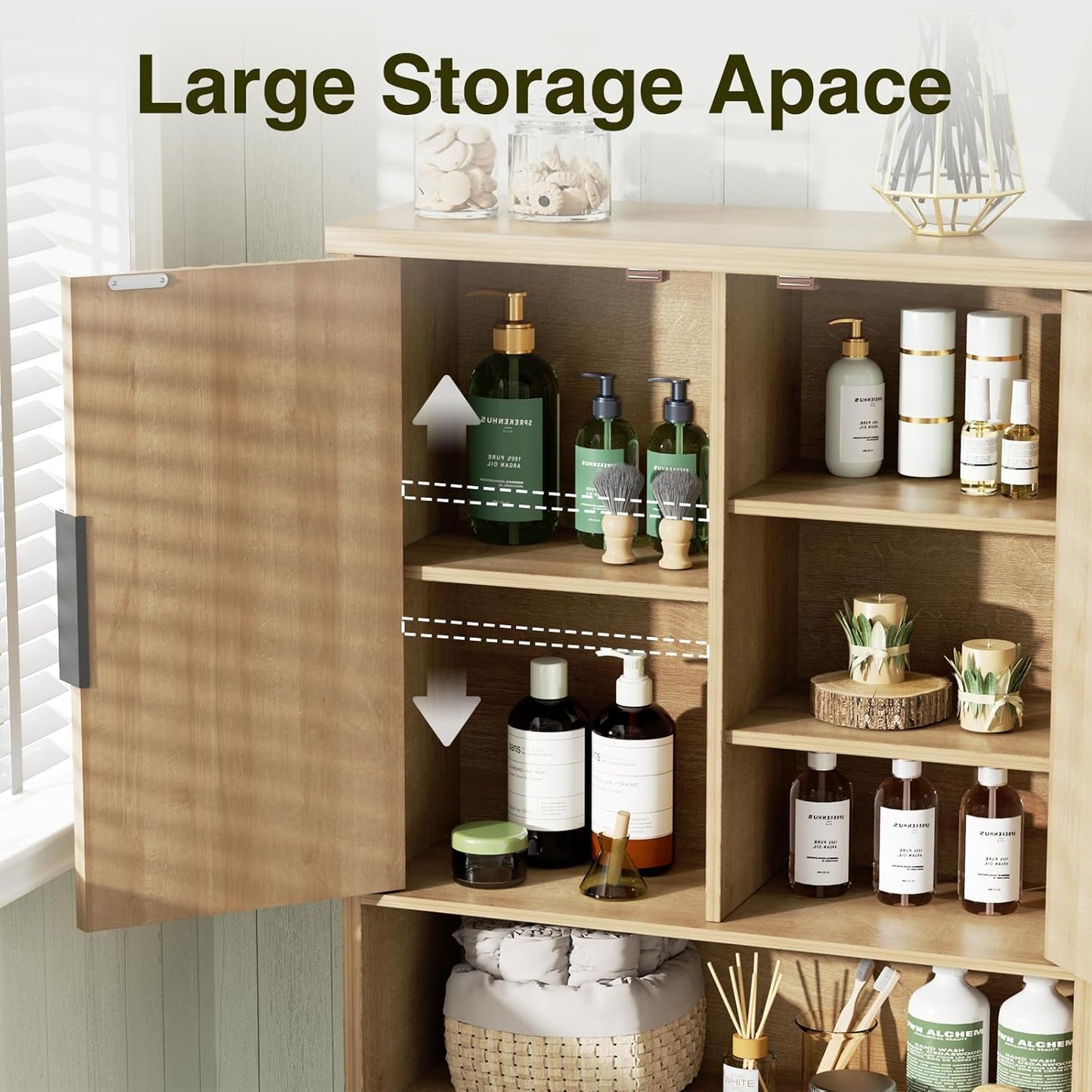 Over The Toilet Storage Cabinet with Fluted Doors and Adjustable Shelf, Tall Bathroom Organizer with Metal Stand Space Saver Over Toilet , Wood Rack for Bathroom, Restroom, Laundry, Natural Oak