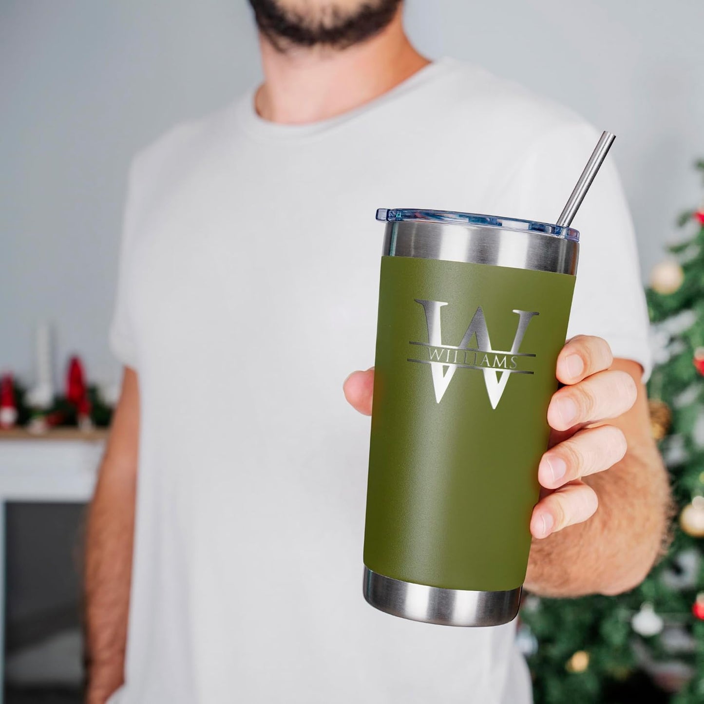 Personalized Tumbler with Engraved Name - 12 Designs, 20 Oz Coffee Tumbler with Slider Lid, Army Green, Double Wall Insulated - Custom Gifts for Men