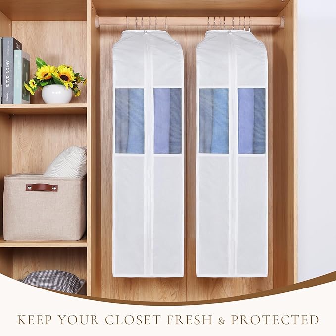 Univivi Premium Cotton Garment Bags for Hanging Clothes, 32 Inch Washable Suit Storage Bags for Closet Storage with Extra Large 10" Gusset & Clear Window - Perfect for Shirts, Short Skirt - 2 Pack