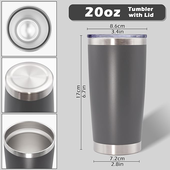 20oz Tumbler Bulk Stainless Steel Tumblers with Lid Vacuum Insulated Double Wall Travel Coffee Mug Powder Coated Tumbler Cup for Hot and Cold Drinks(Grey, 6 pack)