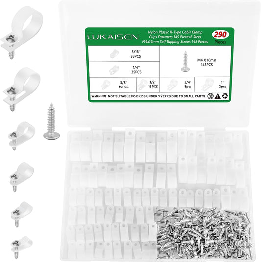 Cable Clips for Cable Management Cord Organizer, 6 Sizes 290 PCS Nylon R-Type, 3/16'' 1/4'' 3/8'' 1/2'' 3/4'' 1'' White Plastic Screw Mounting Cord Fastener Clamp Assortment Kit with M4 Screws