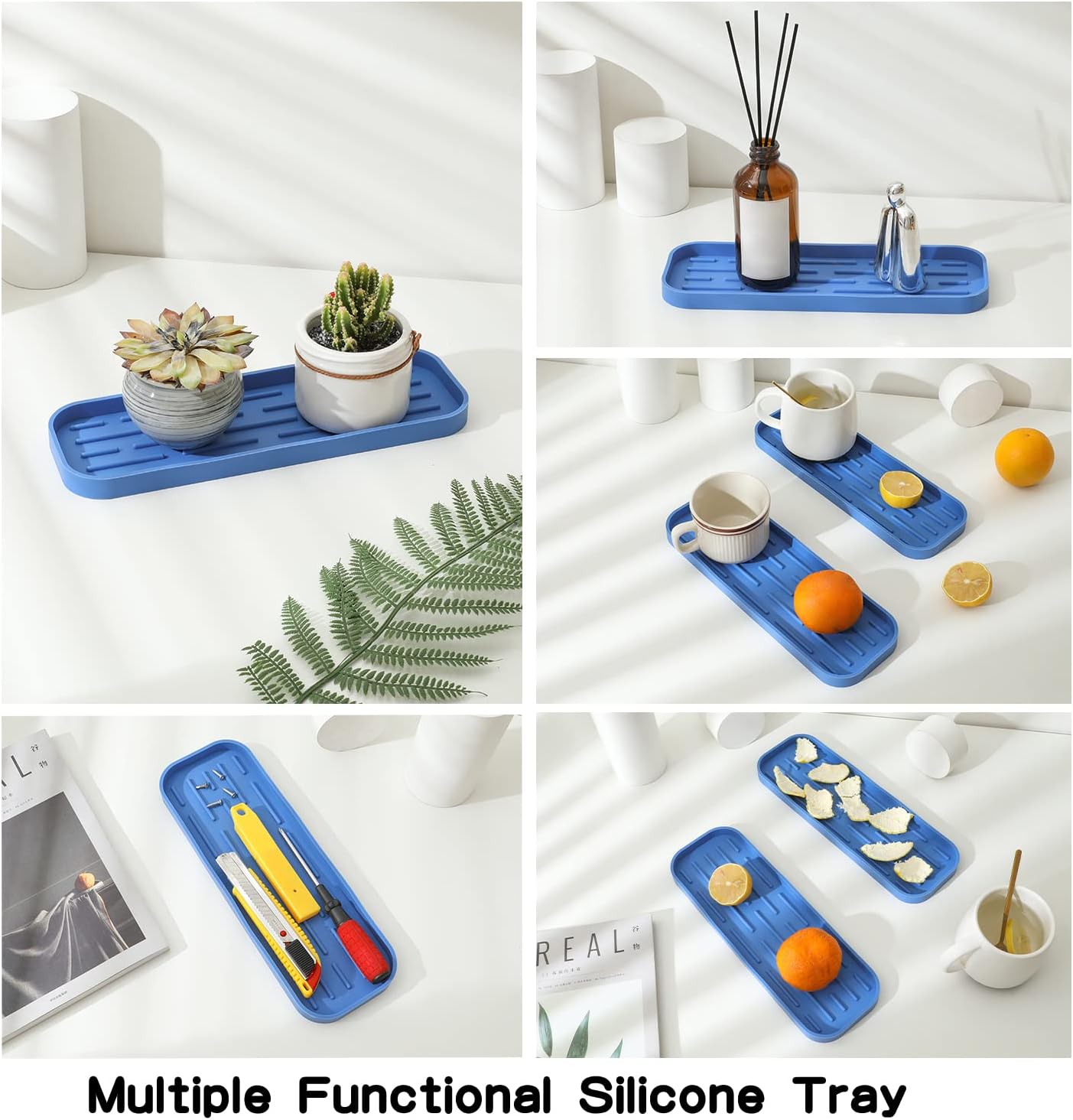 Silicone Kitchen Sink Organizer Tray for Multiple Usage,Eco-Friendly Sponges Holder for Kitchen Bathroom Counter or Sink,Dish Soap Dispenser,Scrubber,Bottle,Cup (Lichen Blue, 12"×4")