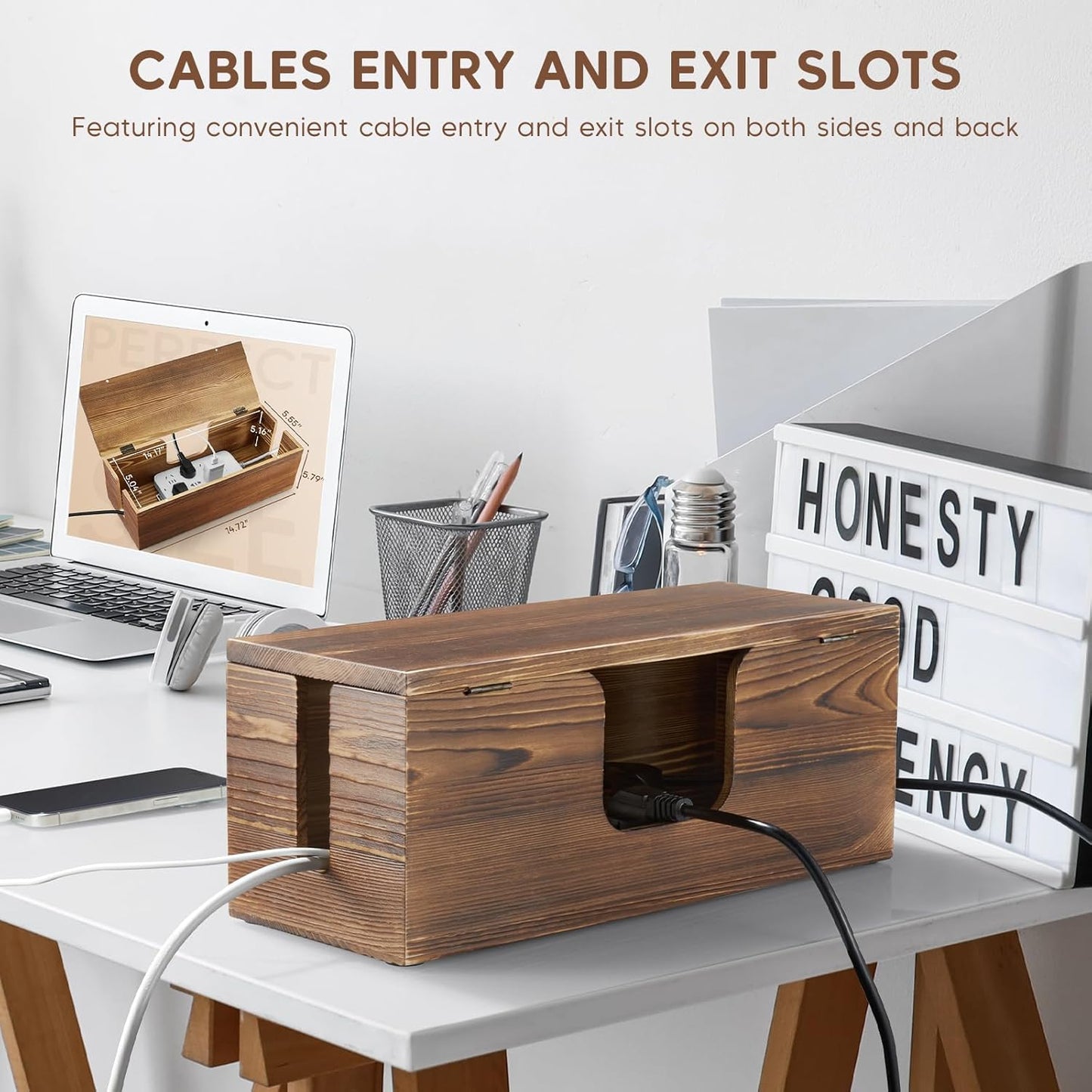 Large Cable Management Box - Burnt Wood Cable Organizer Box and Power Strip Box for Electrical Cord Management - Hide Desk Cord and Floor Cables - Wire Storage and Organization for Cords