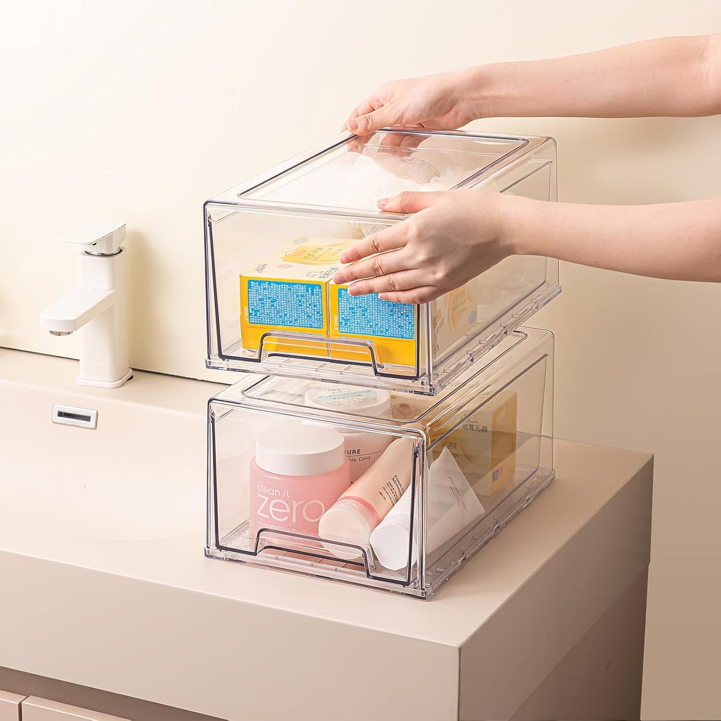 PeJeyiee 2 Pack Stackable Pull-Out Storage Drawers，Plastic Clear Organizer Bins with Handles，Easily Clean for Craft, and Toy Organization，Kitchen Undersink，Cabinet，Fridge，Closet，Pantry，Office，Bathroom