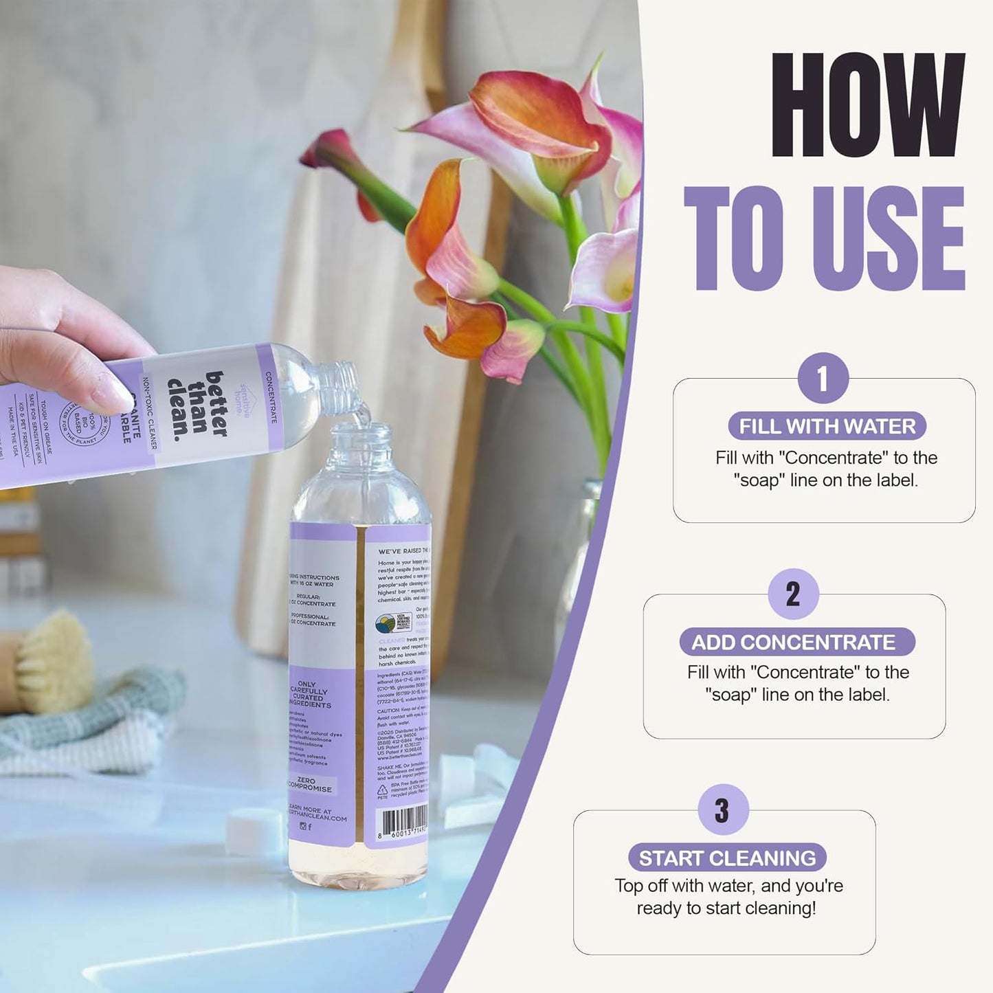 Marble & Granite Cleaner Concentrate - Plant-Based, Non-Toxic, Fragrance Free Cleaning Products - Slate, Marble, and Natural Stone Cleaner, – 8oz Makes 4 Bottles