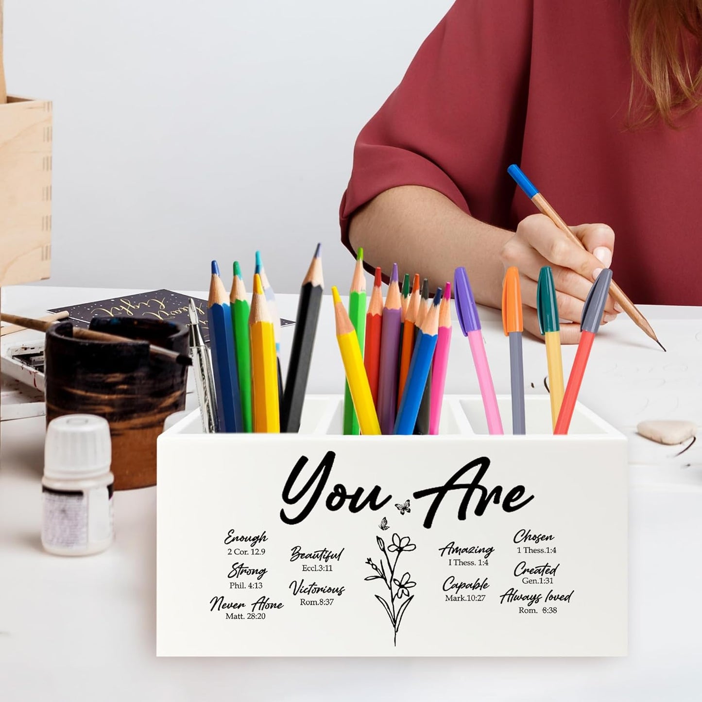 You Are Christian Pen Pencil Holder Organizer for Desk, Christian Gifts for Women, Floral Inspirational Bible Verse Wooden Box Signs Decorations for Home Office Desk Tabletop