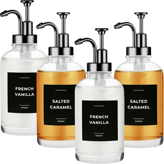 Coffee Syrup Dispenser with Pump - Includes 24 Flavor Labels - Glass Syrup Dispenser for Coffee Bar - Elevate your Beverage Station with 16.9 fl oz Flavoring Container Bottles, 4pcs, Black