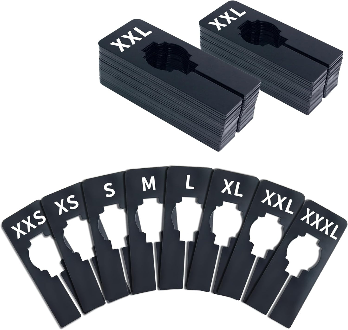 Vantasii 40 Pack Rectangular Black Plastic Clothing Size Closet Rack Dividers Hangers, Preprinted in 8 Sizes XXS, XS, S, M, L, XL, XXL, XXXL (2.5”x 5”, Inner Diameter 1.38”)