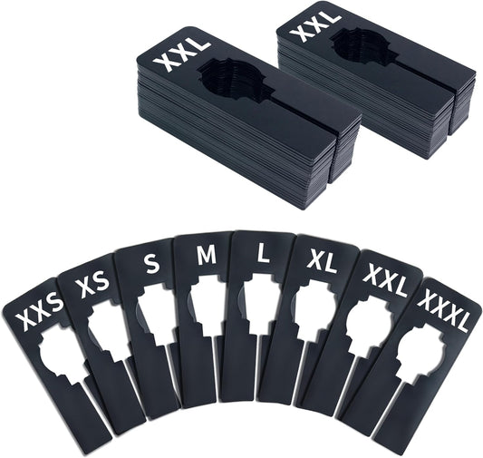 Vantasii 40 Pack Rectangular Black Plastic Clothing Size Closet Rack Dividers Hangers, Preprinted in 8 Sizes XXS, XS, S, M, L, XL, XXL, XXXL (2.5”x 5”, Inner Diameter 1.38”)