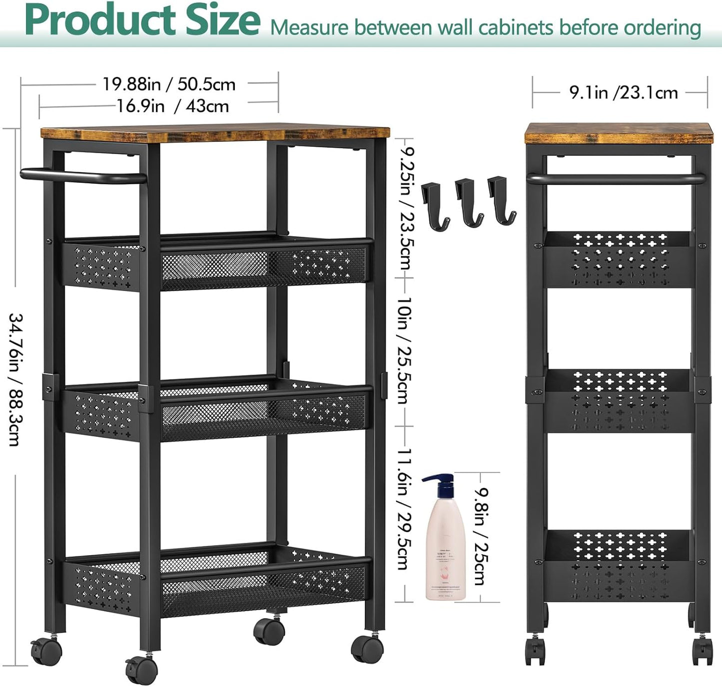 Utility Slim Storage Cart with Wheels, 4-Tier Narrow Rolling Organizer Shelf with Wood Top, Metal Storage Rack and Space-Saving Organizer for Bathroom, Kitchen, Laundry Room, Small Spaces