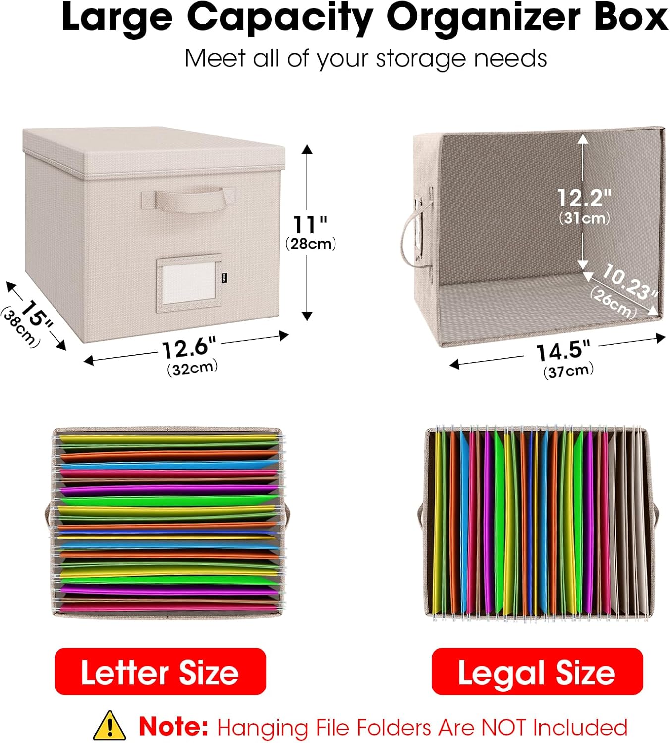 File Organizer Box with Lid, Linen Hanging File Storage Box with Handle, Collapsible Document Filling Box for Letter/Legal Folder, Portable File Box for Office/Decor/Home (1 Pack, Ivory)