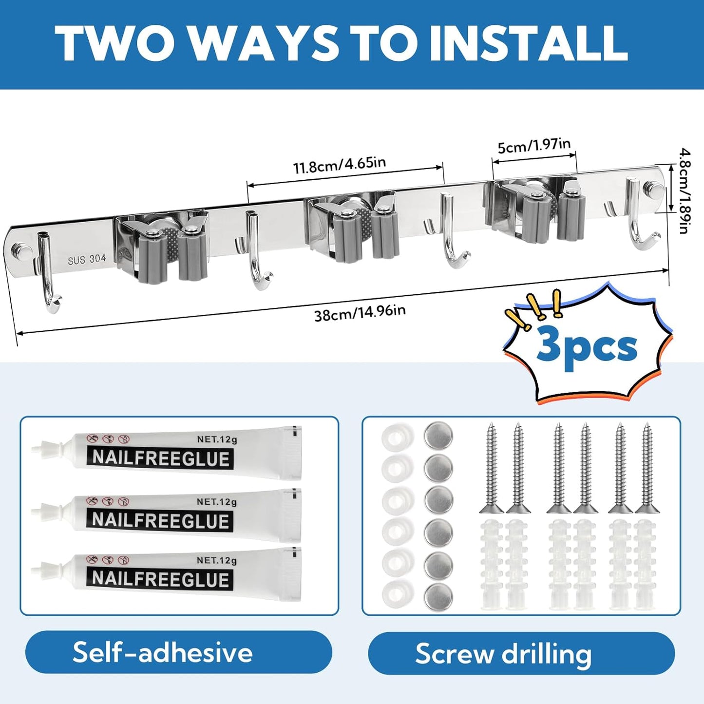 3 Pack Silver Mop and Broom Holder Wall Mount Self Adhesive 3 Racks with 4 Hooks Broom Organizer Wall Mount Stainless Steel Broom Hanger for Home Kitchen Garden Laundry Garage Organization Storage