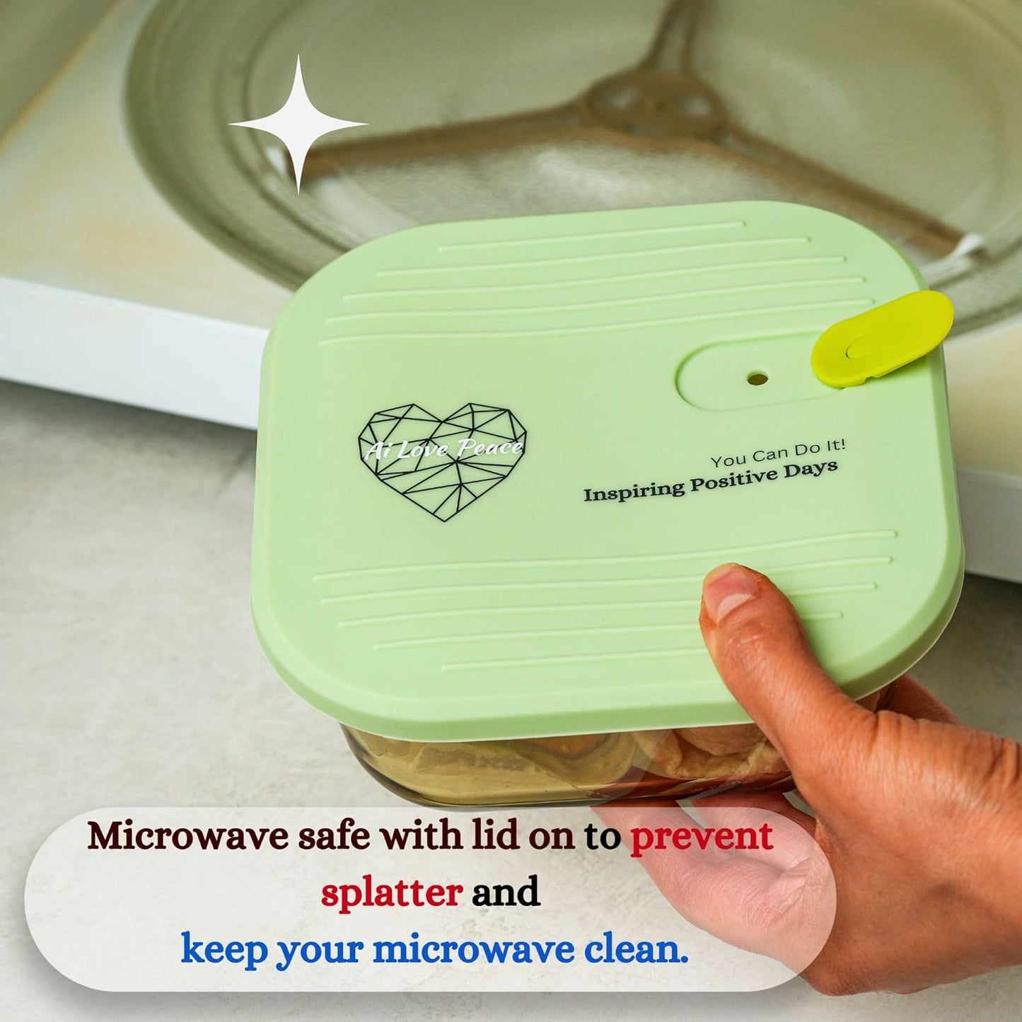 AI LOVE PEACE Microwave Safe Glass Lunch Container - 3.25 Cup Reusable Meal Prep & Freezer Storage Container with Vented Lid - BPA-Free - Ideal Bento Box for Adults, Portion Control Green