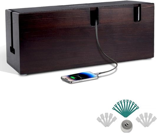 Natural Wood Cable Box. Cherry Color Large Cable Management Box, Cable Organizer Box, Perfect for Home, Office, or Desktop use. - Child and pet Safe Cable Box