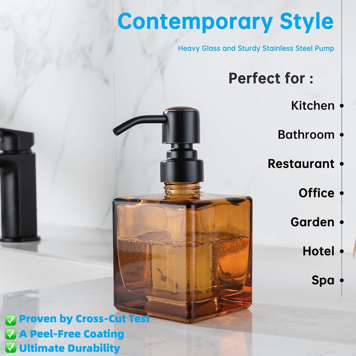 Square Bathroom Soap Dispenser Amber Bottle with Oil Rubbed Bronze Pump, Retangle Cube 8.4 oz Glass Bottles with Stainless Steel Pump Hand Liquid Soap Dispenser Kitchen