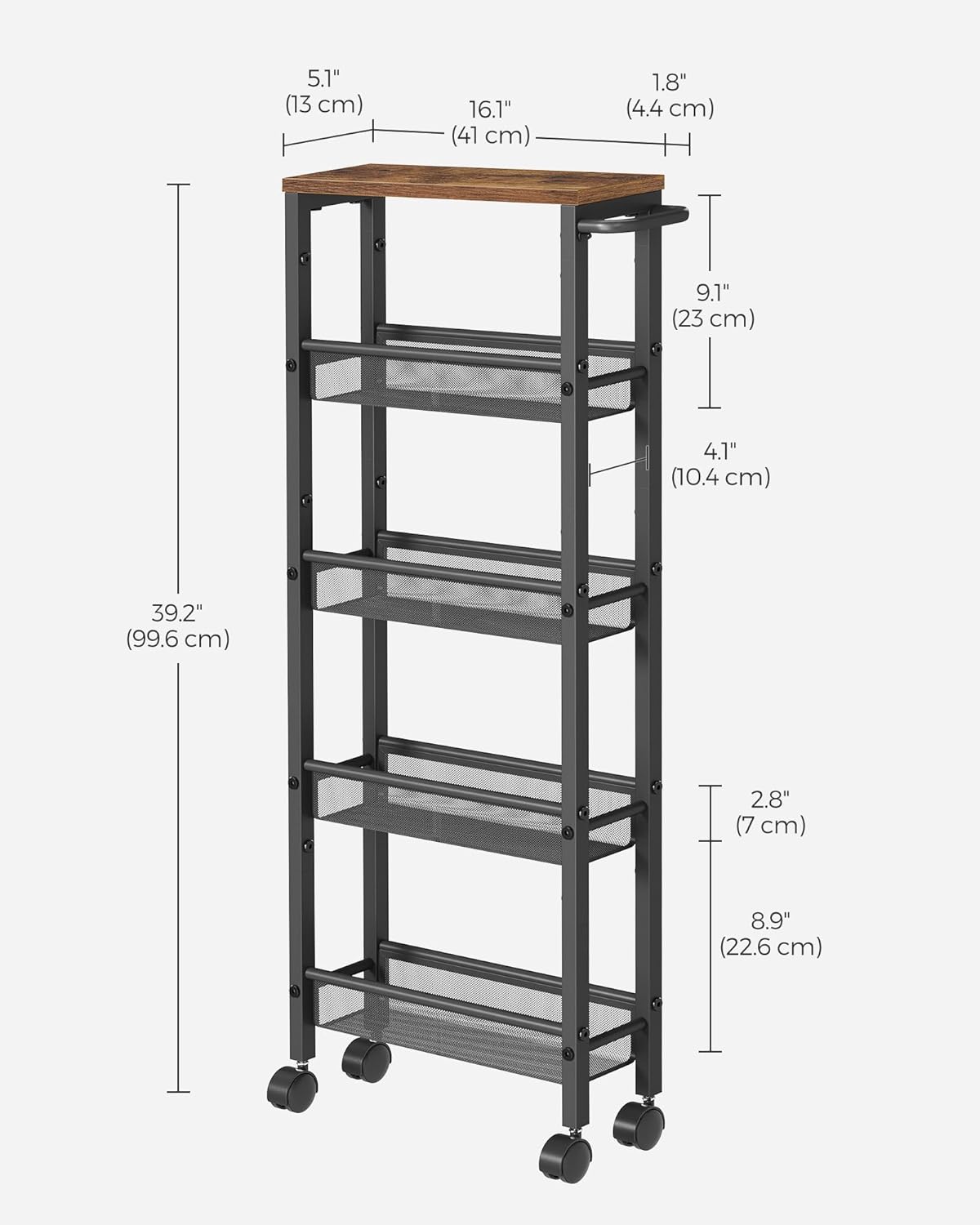 VASAGLE Slim Rolling Cart, 5-Tier Storage Cart, Narrow Carts with Handle, 5.1 Inches Deep, Metal Frame, for Kitchen, Dining Room, Living Room, Home Office, Rustic Brown and Classic Black ULRC034B01