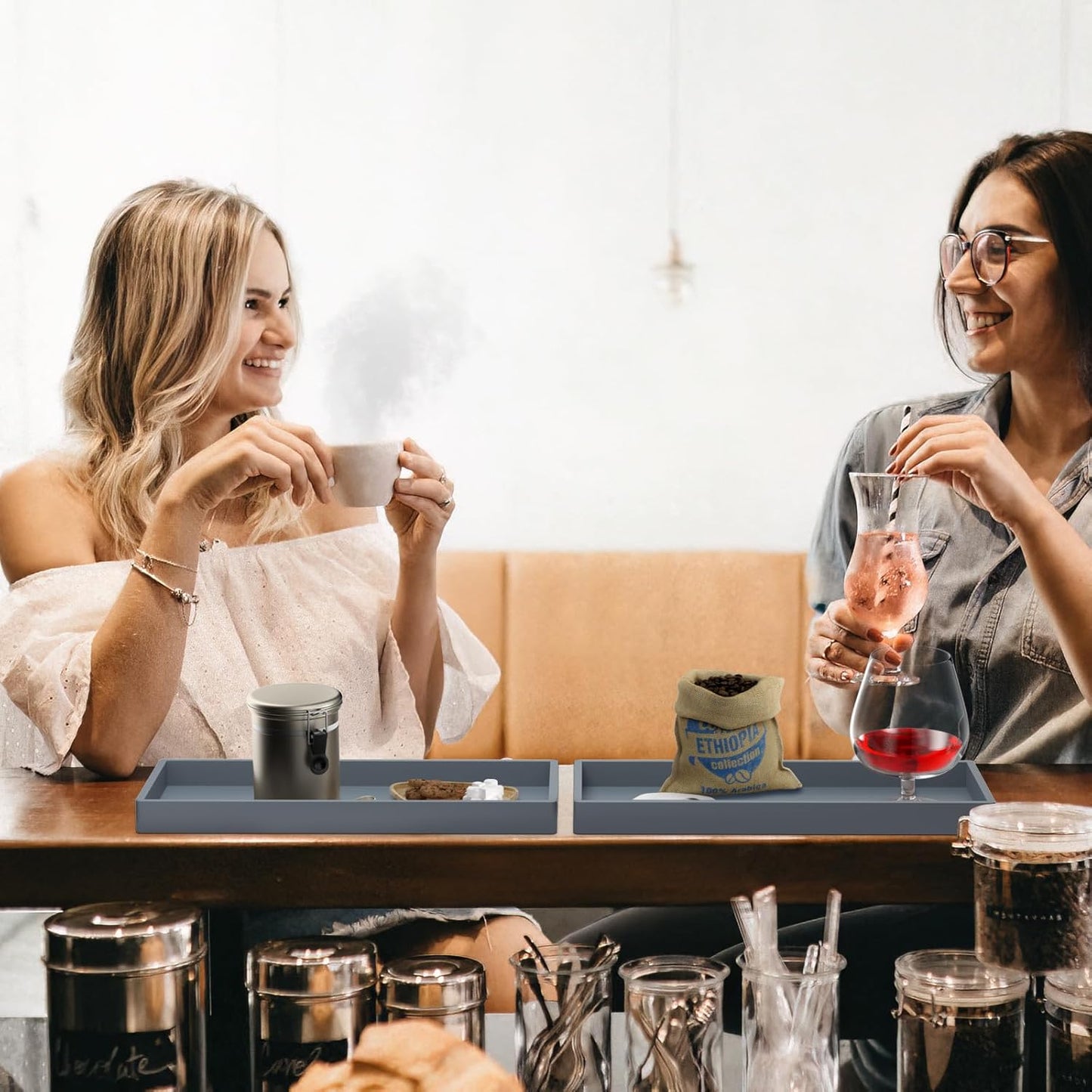 BBK Bathroom Trays 2 Pack (Large, Gray) - Silicone, Rectangular, Dishwasher Safe - Organize Toiletries & Grooming Products