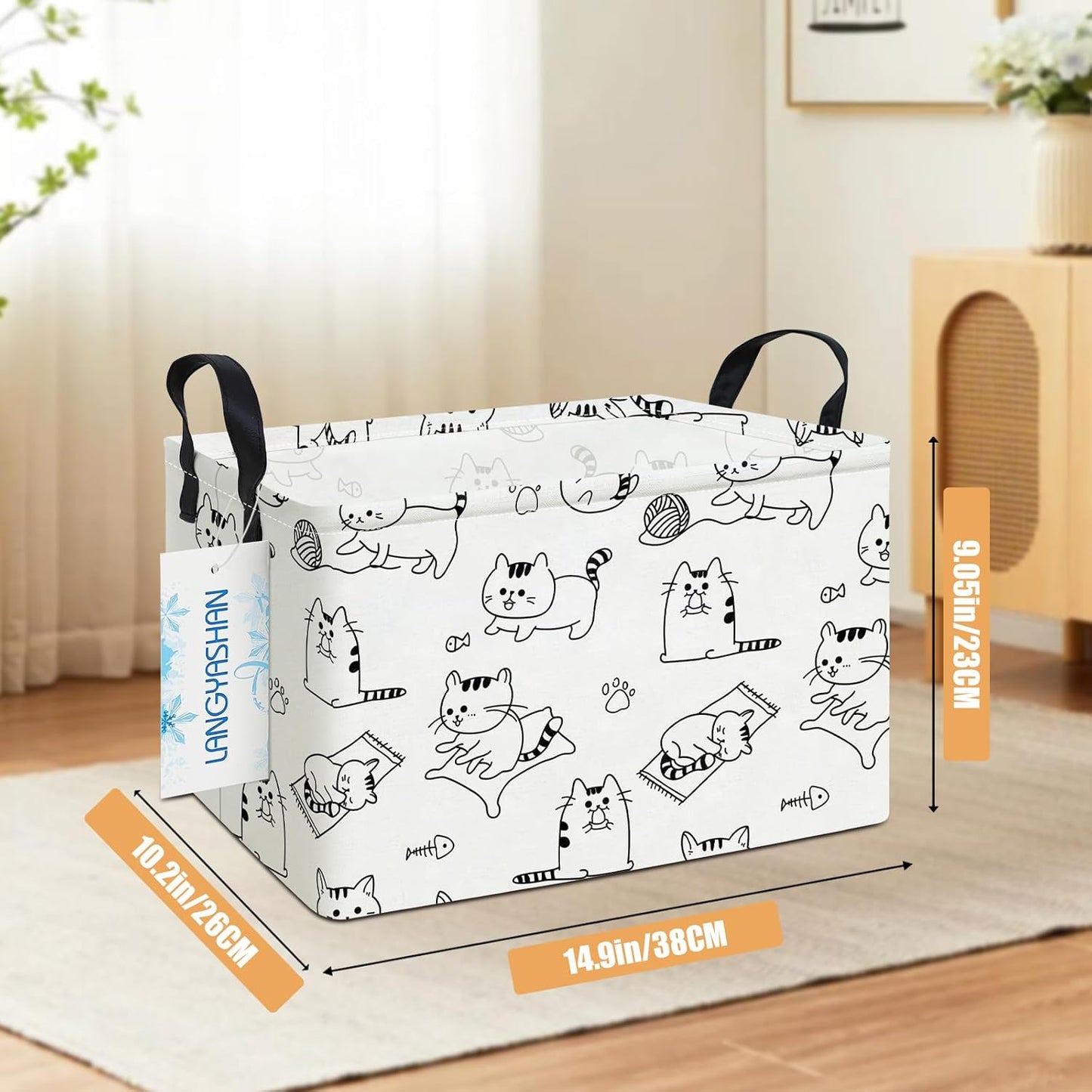 LANGYASHAN Rectangular Storage Bin Collapse Canvas Fabric Cartoon Storage Basket with Handles for Organizing Home Kitchen Boys and Girls Toys Office Closet Shelf Baskets (Rec Cat)