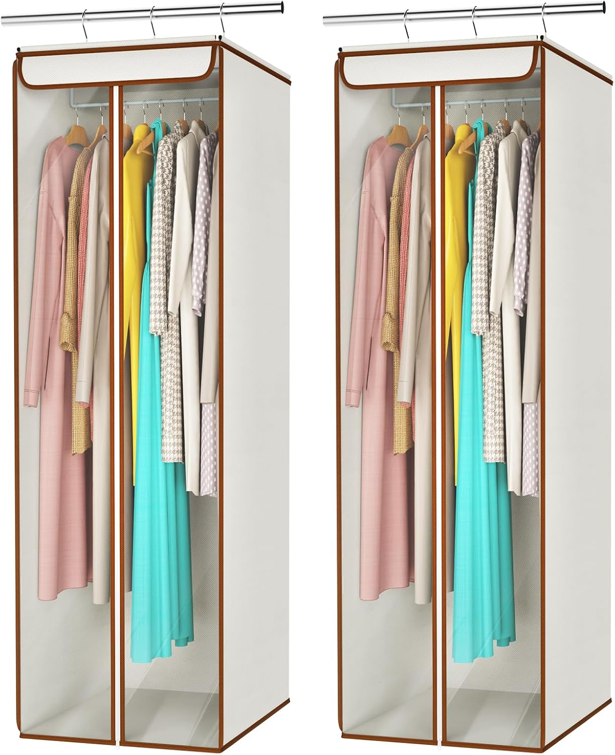 Univivi Garment Bags for Hanging Clothes, Large Clothes Storage Bags Closet Organizer with Clear Window, Premium Hanging Garment Storage Bag for Suits, Coats, Dresses, 54", 2 Pack (Beige)
