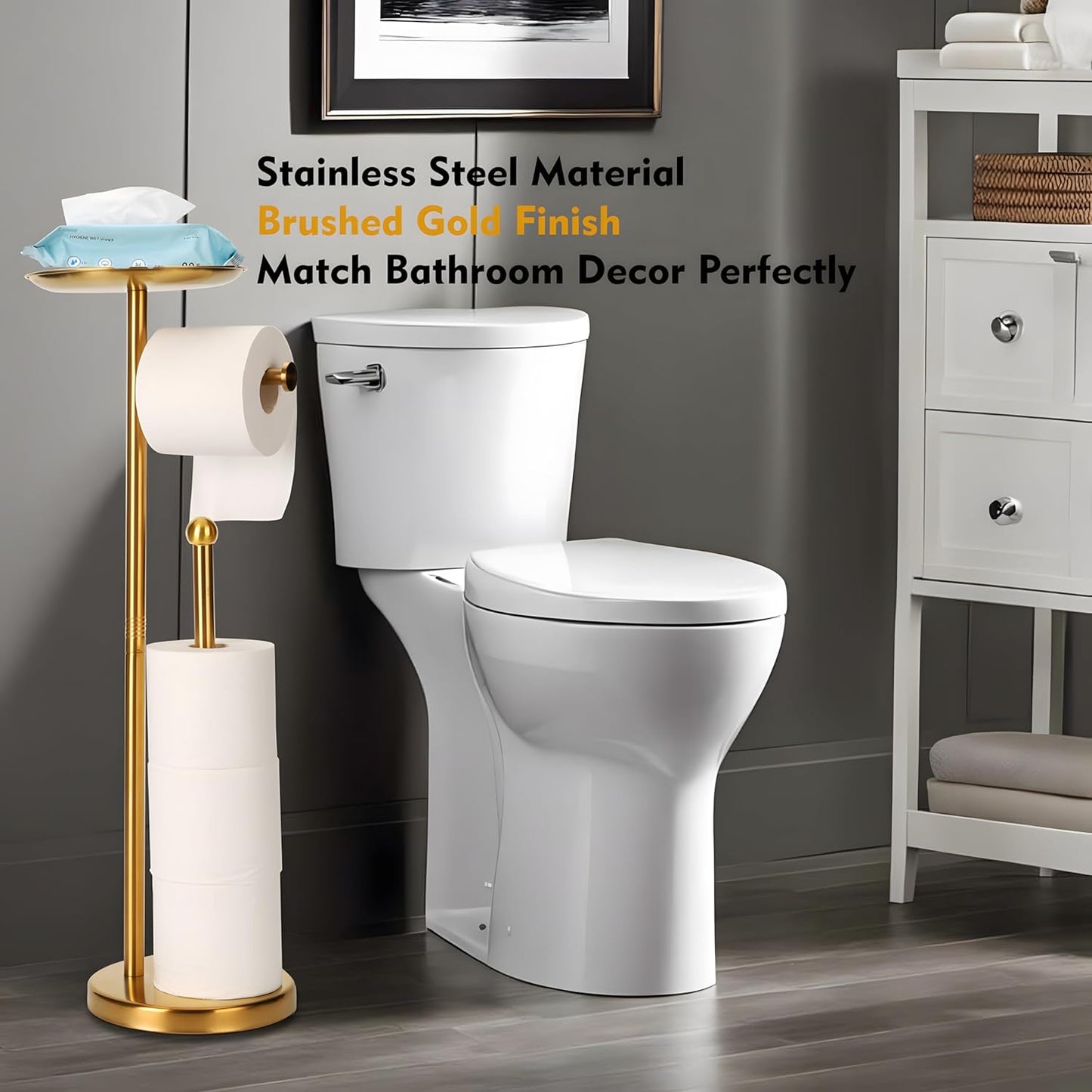 Noonext Gold Toilet Paper Holder with Shelf, Freestanding Toilet Paper Holder with Big Tray for Bathroom, Heavy Base No Tipping Over (Stainless Steel, Gold)