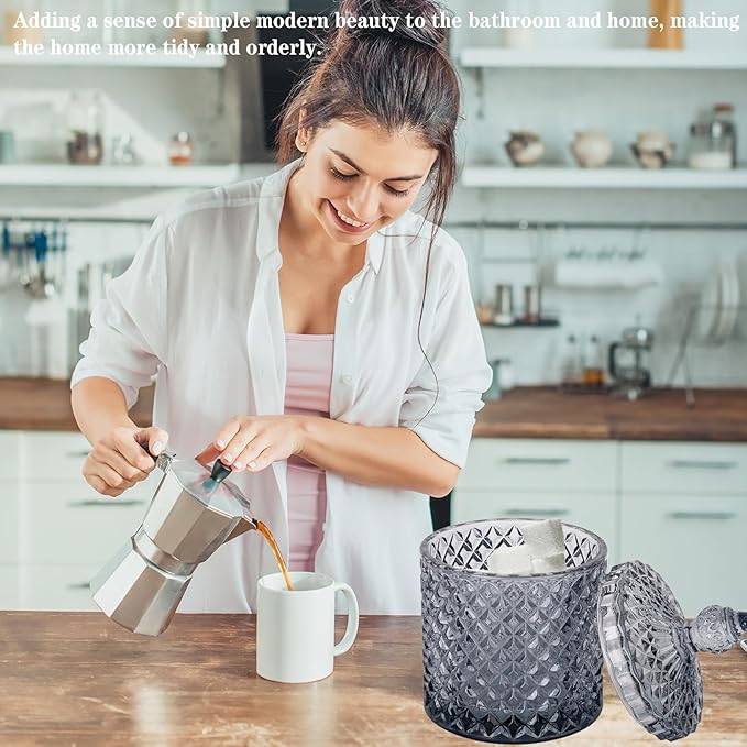 rejomiik 2 Pack Qtip Holder Thick Glass Apothecary Jars with Lid for Bathroom Decor Storage Organizer for Cotton Swabs, Balls, Pads, Floss Picks, Candy, Jewelry, Grey