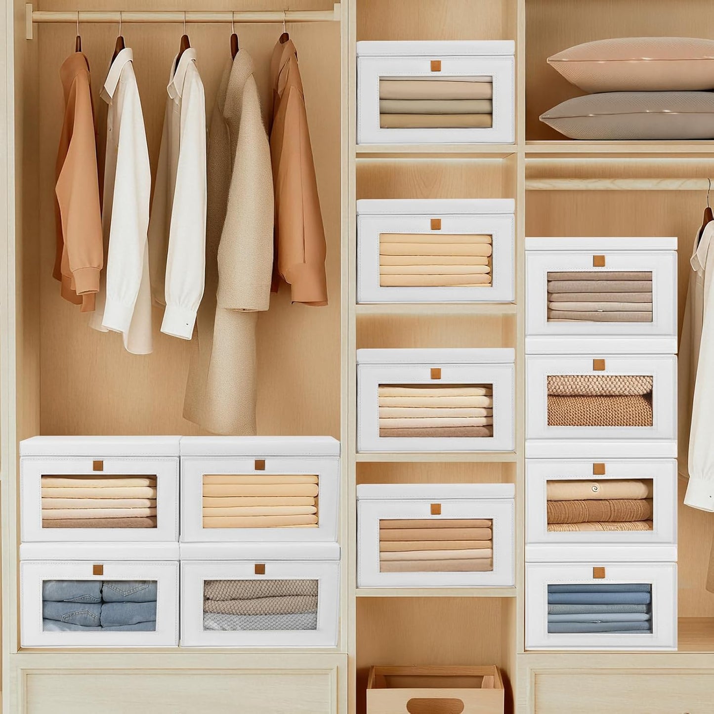 DIMJ Storage Bins with Lids - 4 Pack Large Fabric Closet Organizer with Window & Handles, Collapsible Decorative Storage Boxes for Shelves Under Bed, Books Clothes Blankets Sweaters Organization