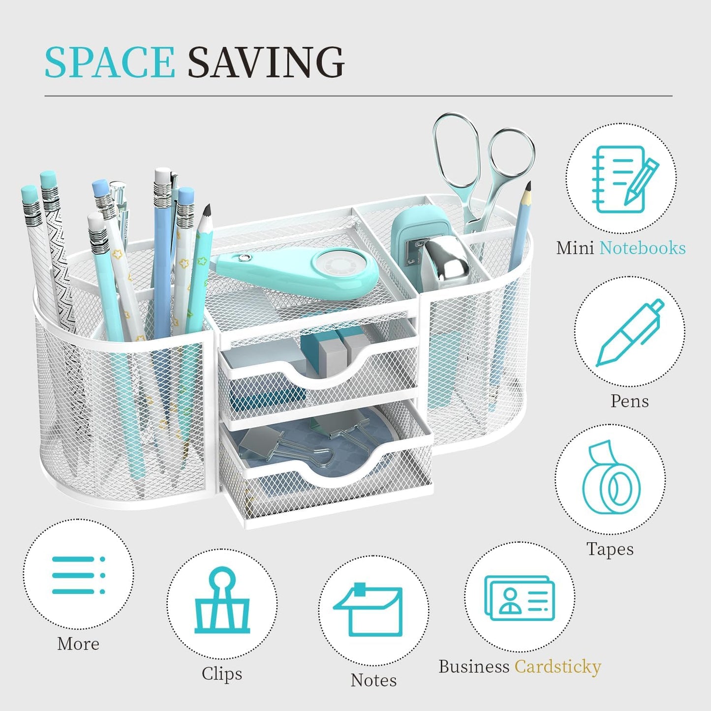 SUPEASY Mesh Desk Organizer, Desk Organizers and Accessories, Pen Holder with Drawers, Pencil Holder for Desk with 2 Drawer for Office Supplies, White