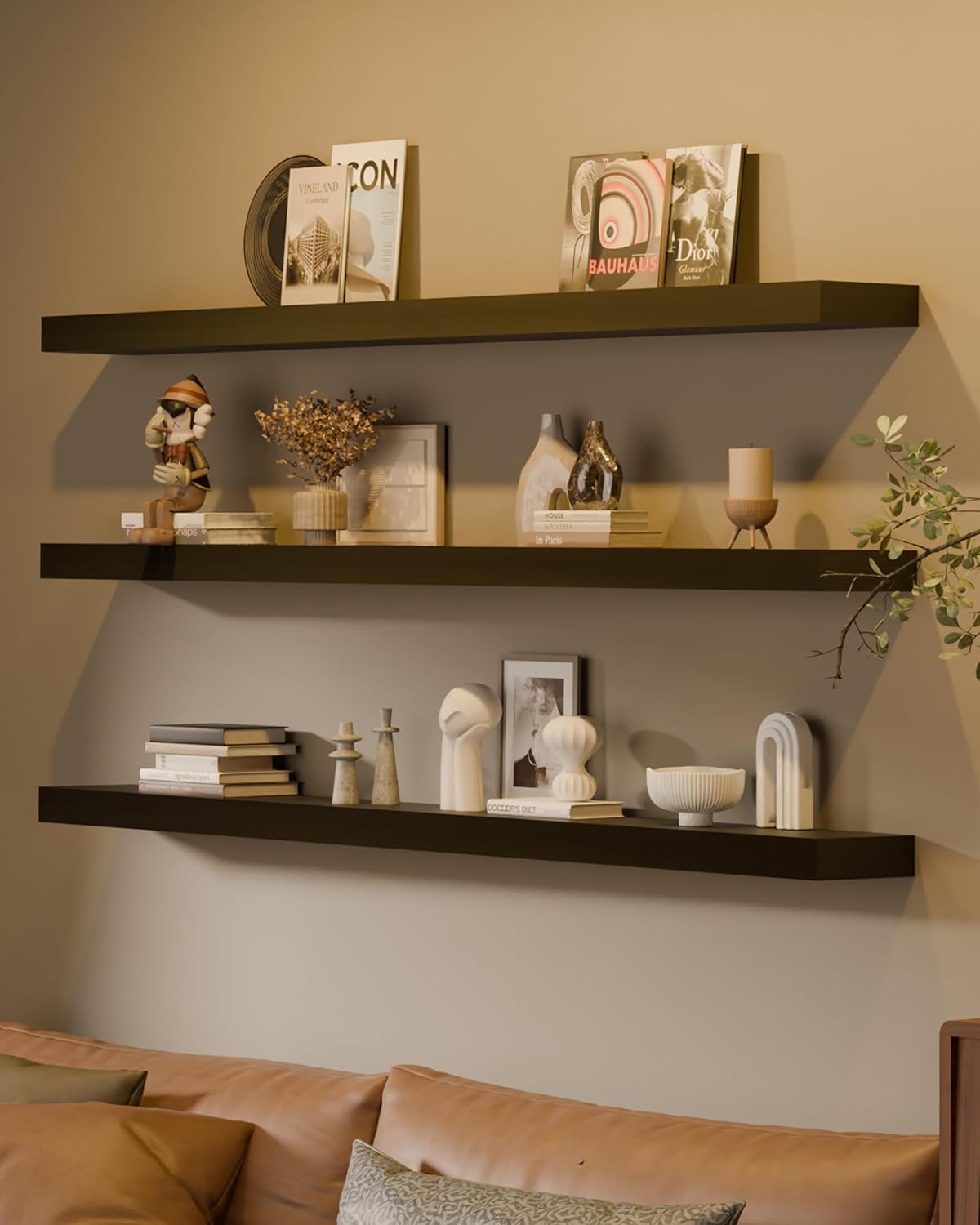 Floating Shelves for Wall, 72 Inch Extra Long Brown Wall Shelves, Set of 3, Hanging Invisible Brackets Floating Shelves for Living Room,Bedroom,and Kitchen (Black, 3T72IN)