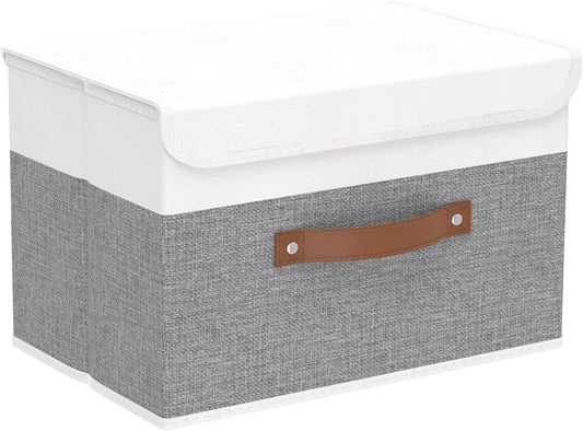 Yawinhe Storage Boxes with Lids, Linen Fabric Bin, Cube Organizer Basket, Washable and Leather Handle, for Home, Closet, White/Grey, 15.0''Lx9.8''Wx9.8''H, 1-Pack, USNK024WGL-1