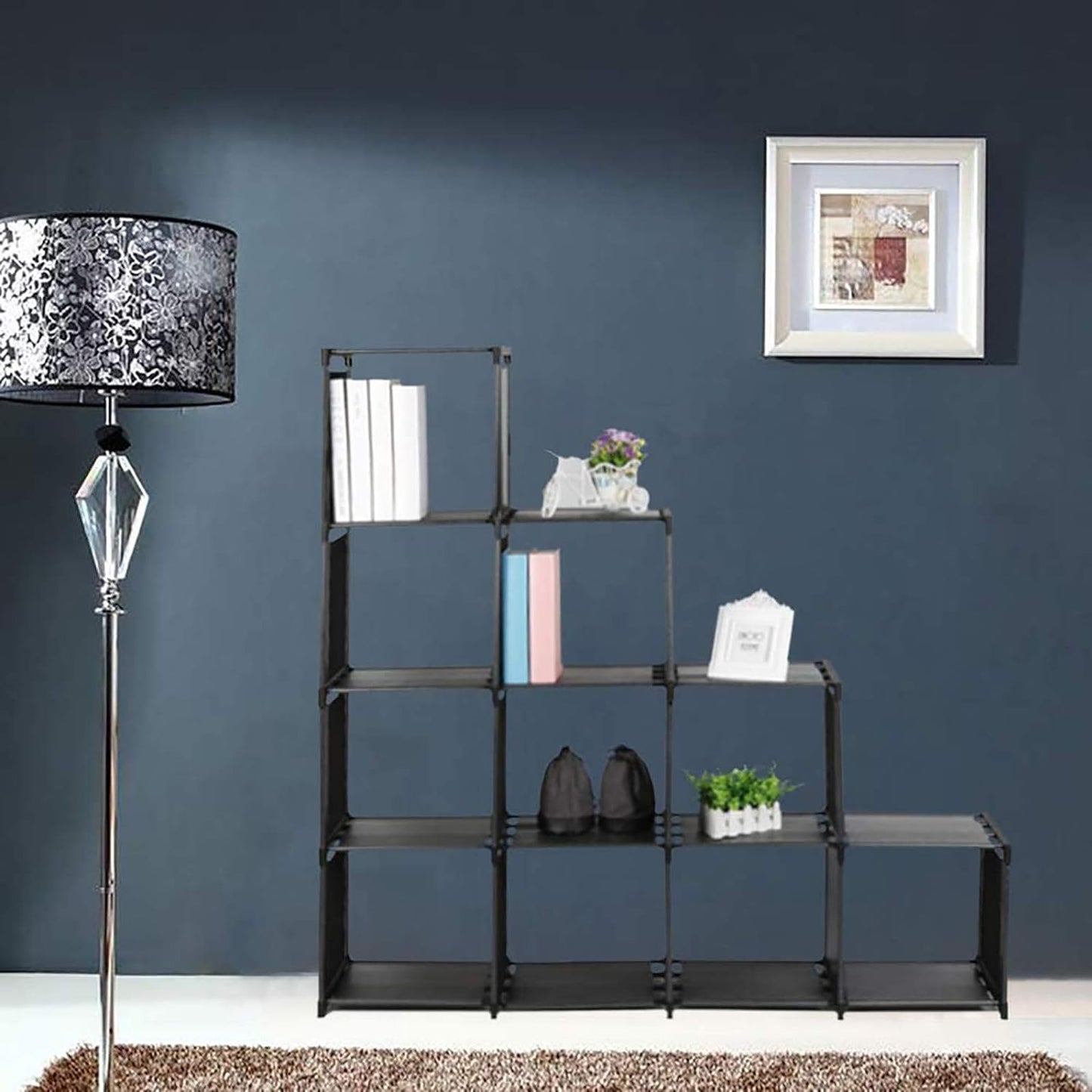 10-Cube Storage Organizer Rack, Staircase Organizer Modular Bookcase, DIY Storage Organizer Closet Shelf, Bookcase in Living Room, Bedroom for Toys and Daily Necessities, Black