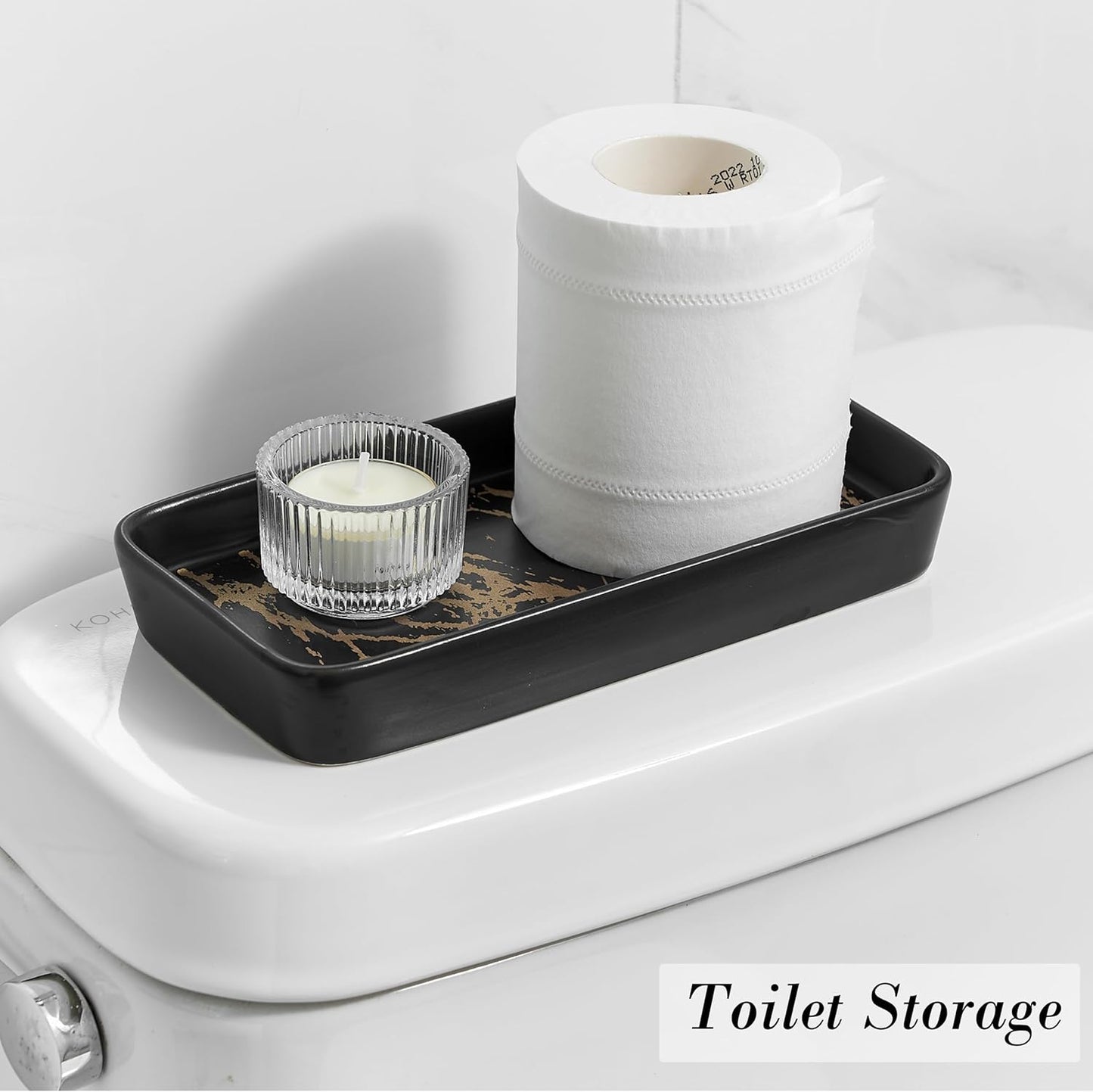 Bathroom Vanity Tray for Countertop,2PC Rectangle Marble Tray Set,Decorative Bathroom Organizer for Scrubber, Lotion Bottles, Perfume, Jewelry, Candle, Key Trinket Ring（Small,Black）