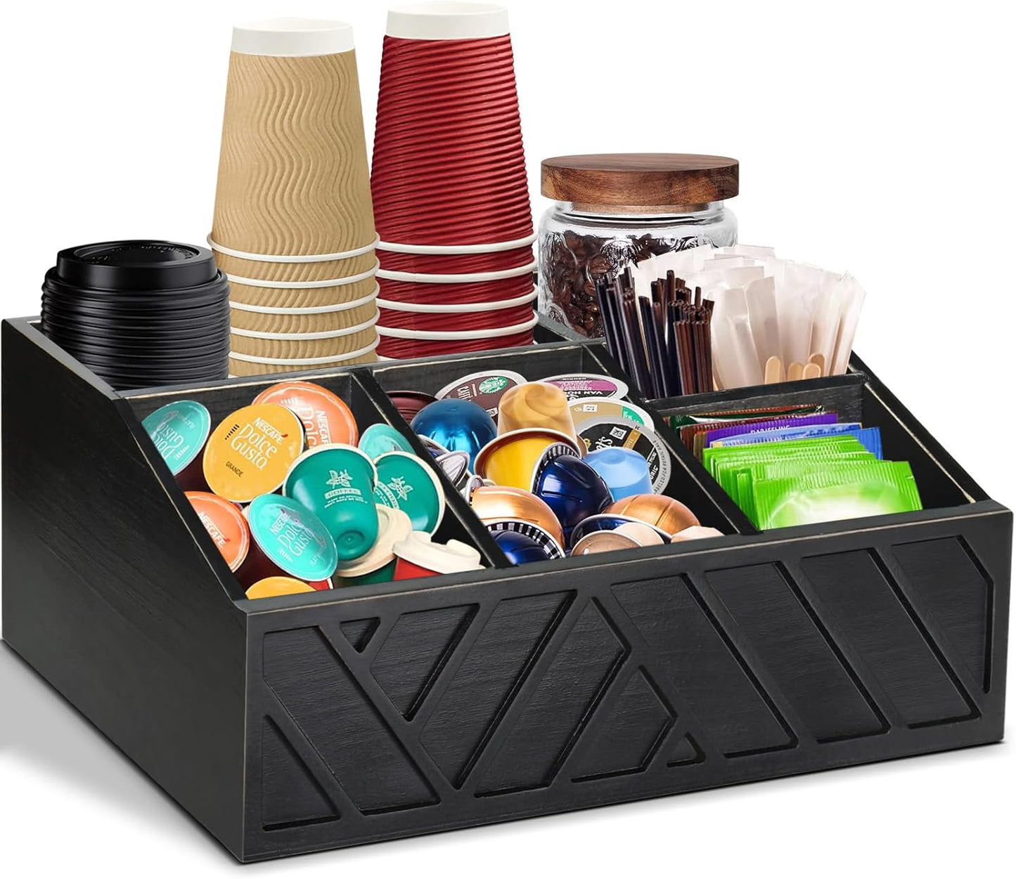 ugiftt Coffee Station Organizer for Counter, Wood Coffee Pods Holder Storage Basket, Tea Condiment Storage Organizer, Rustic Bar Decor for Accessories Organizer