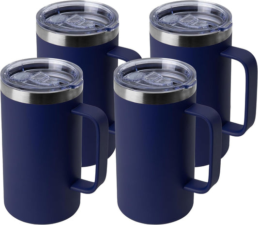 DOMICARE 24oz Mug with Handle and Lid, Stainless Steel Coffee Mug, Travel Mug with Handle, Double Wall Vacuum Coffee Tumbler, Reusable Insulated Cup, Navy, Pack 4