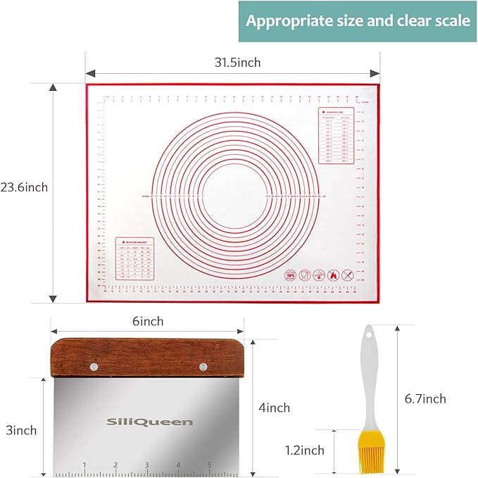 Silicone Pastry Baking Mat with Measurements Extra a Brush and a Dough Scraper - 31.5” x 23.6” Heat Resistant, BPA Free, Non-Stick Non-Slip Pastry Mat for Rolling Dough - Easy to Clean, Red