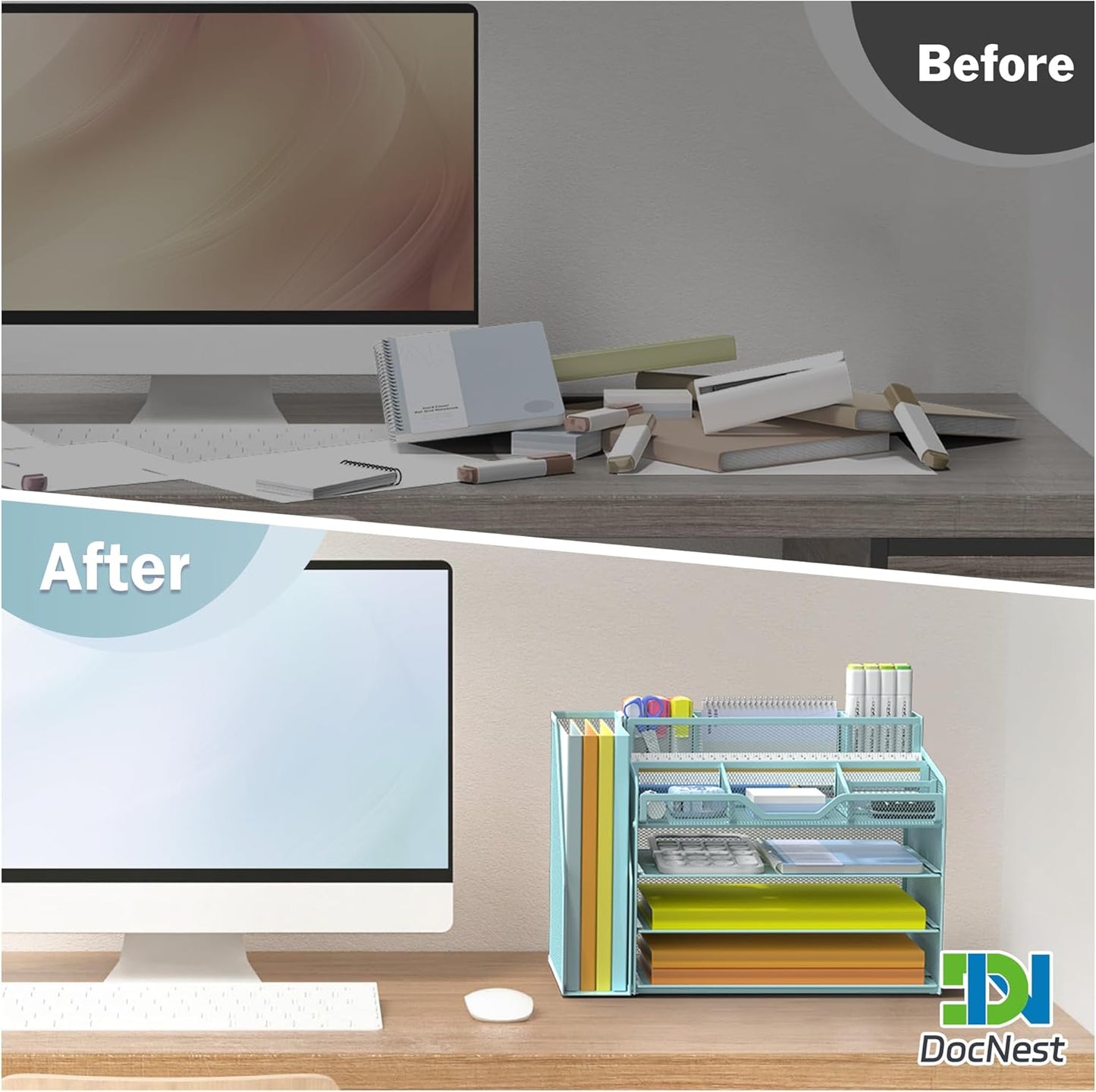 Docnest 4 Tier Mesh Desk Organizer with File Holder – Multi-Functional Paper Letter Tray with 5 Adjustable Compartments, 3 Pen Holders, Desktop Storage for Files, Mail, Stationery – Blue