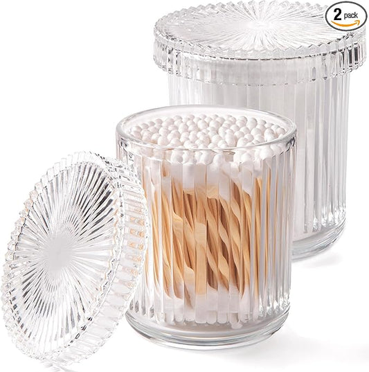 2 Pack Glass Qtip Holder Dispenser Set - Bathroom Organizer for Cotton Swabs, Balls, Pads, Floss Picks - Clear Apothecary Jars for Vanity, Makeup Storage, Bathroom Accessories Decor (Clear)