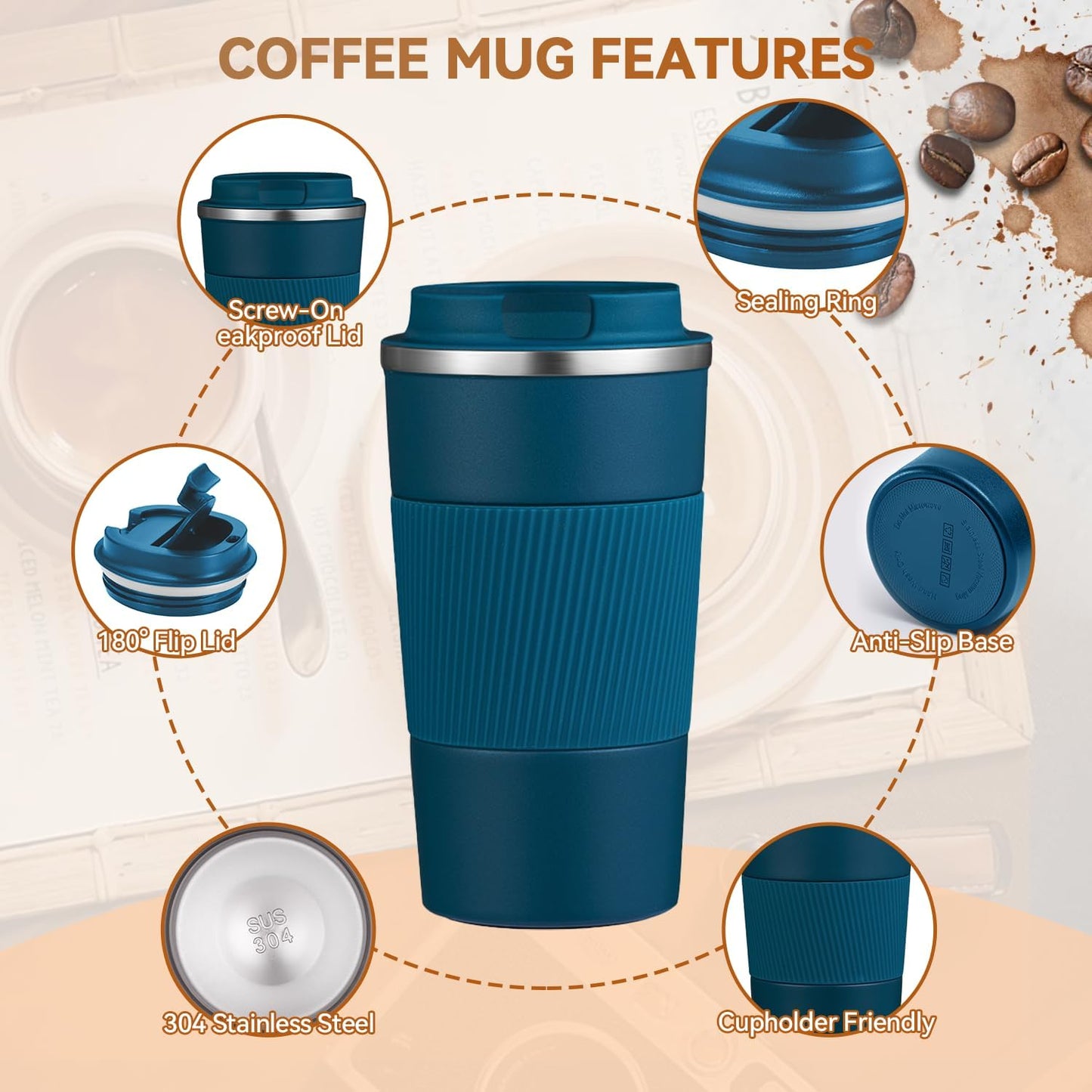 17OZ Travel Coffee Mug Insulated Coffee Cup with Spill Leak Proof Lid, Portable Stainless Steel Tumbler Reusable Hot and Cold Water Mug for Car, Daily, Camping- Blue